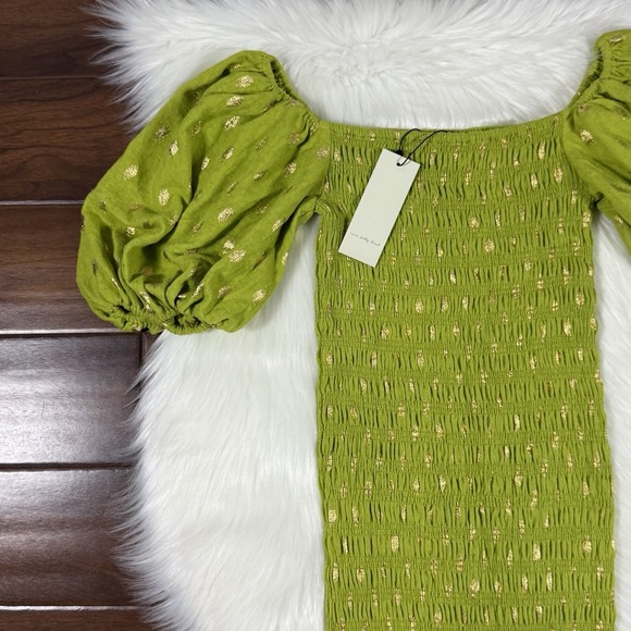 Never Fully Dressed Women's Size Small Green Gold Smocked Jojo Midi Dress - Picture 3 of 13